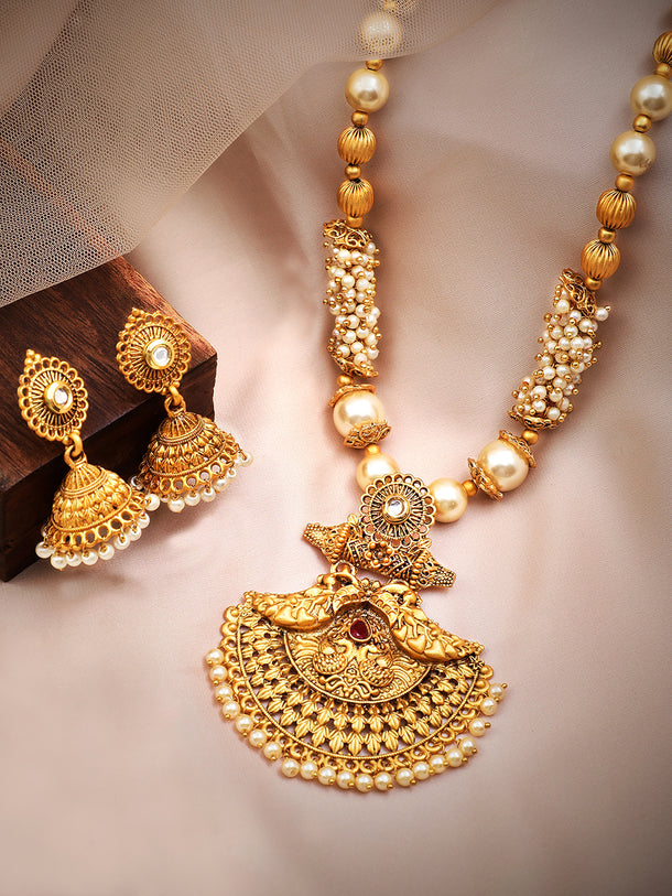 Rubans 22K Gold-Plated Pendant Jewellery Set with Golden & Pearl Beads and Ruby Red Stone