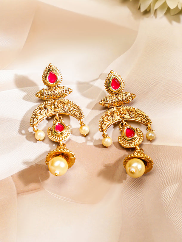 Rubans 18K Gold-Plated Red & White Stones Pearl Beads Multi-Starnd Temple Jewellery Set