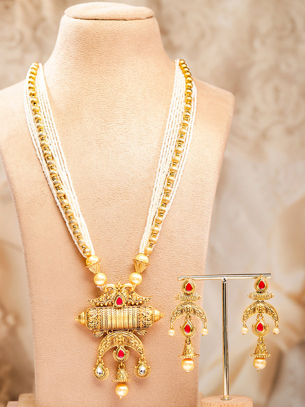 Rubans 18K Gold-Plated Red & White Stones Pearl Beads Multi-Starnd Temple Jewellery Set