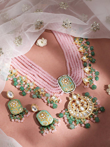 Rubans Gold Plated Handcrafted Enamel & Kundan Pink Beads Necklace Set