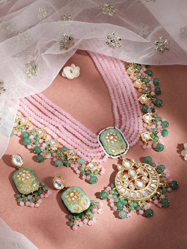 Rubans Gold Plated Handcrafted Enamel & Kundan Pink Beads Necklace Set