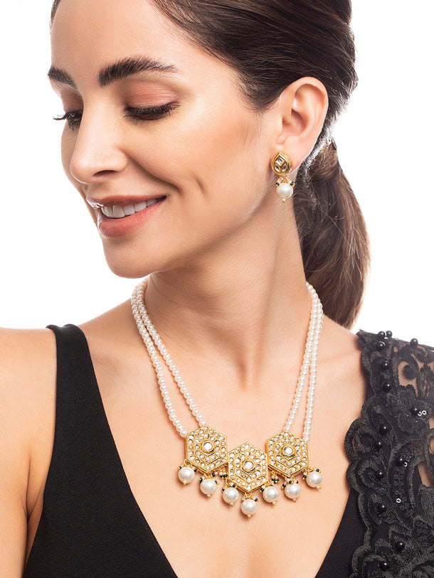 Rubans 22K Gold Plated Pendant Kundan Necklace Set With Pearls