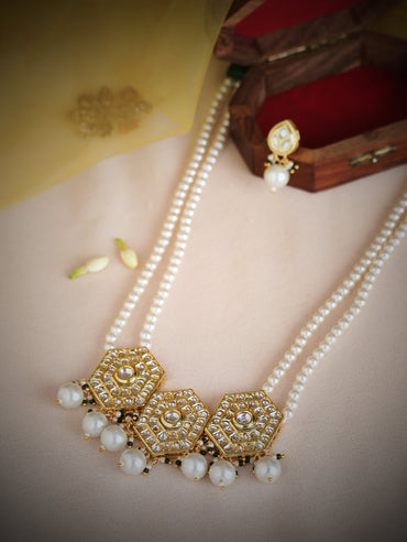 Rubans 22K Gold Plated Pendant Kundan Necklace Set With Pearls
