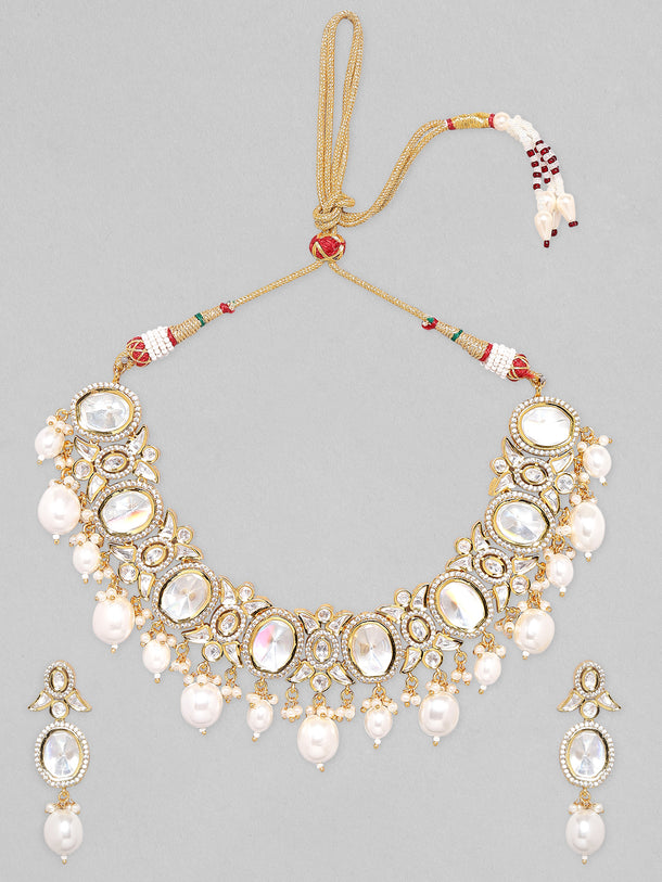 Rubans Gold Plated Polki Necklace Set with Pearl