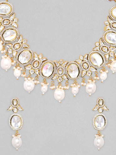 Rubans Gold Plated Polki Necklace Set with Pearl