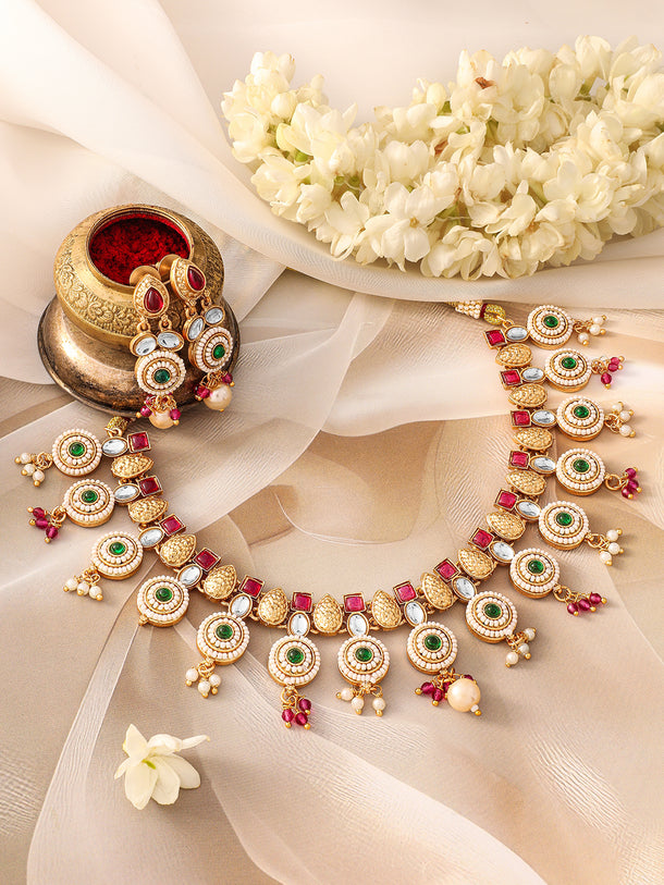 Multicolor Studded Gold Beaded Necklace Set