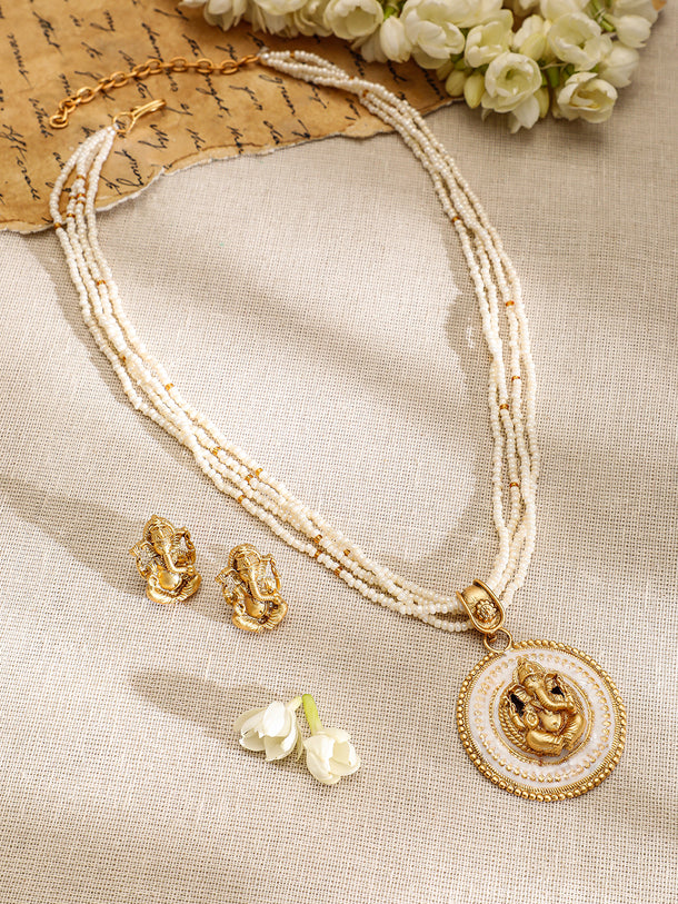 Ganesh Motif Pearl Beaded Pendant Necklace set