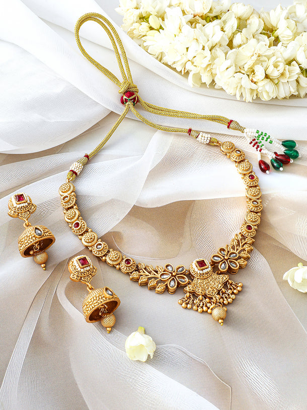 Dazzling Red Gold Plated Short Necklace Set