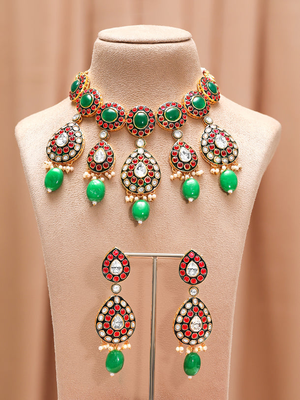 Elite Garden Pink-Green Kundan Necklace Set