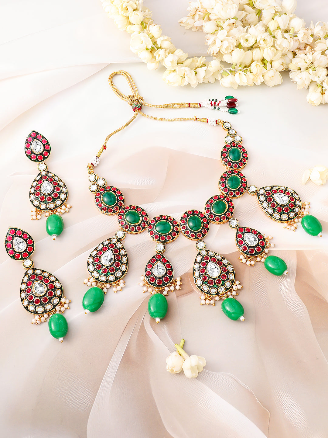 Elite Garden Pink-Green Kundan Necklace Set