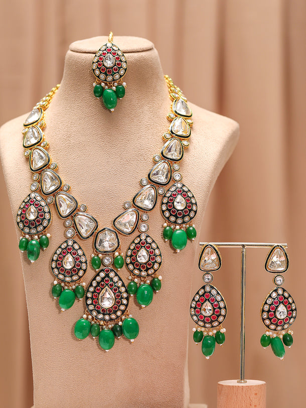 Grand Green & Pink Kundan Necklace Set