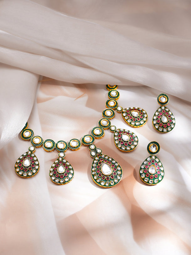Artistic Red Green Kundan Necklace Set