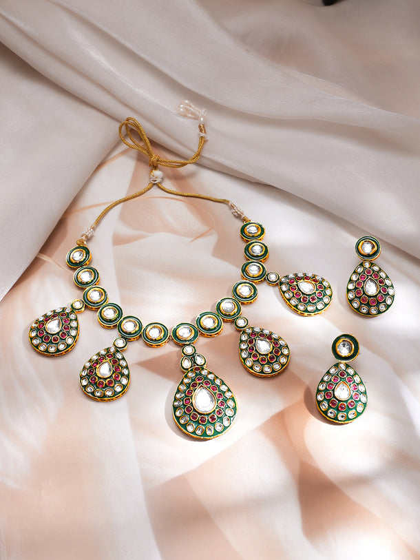 Artistic Red Green Kundan Necklace Set