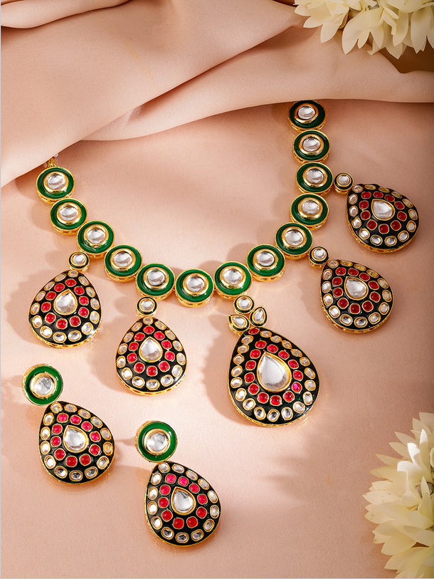 Artistic Red Green Kundan Necklace Set