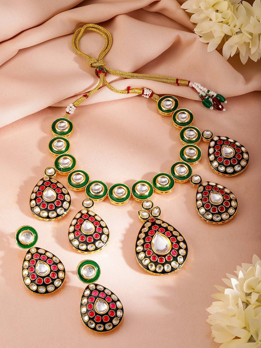 Artistic Red Green Kundan Necklace Set