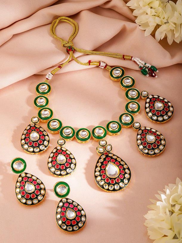 Artistic Red Green Kundan Necklace Set
