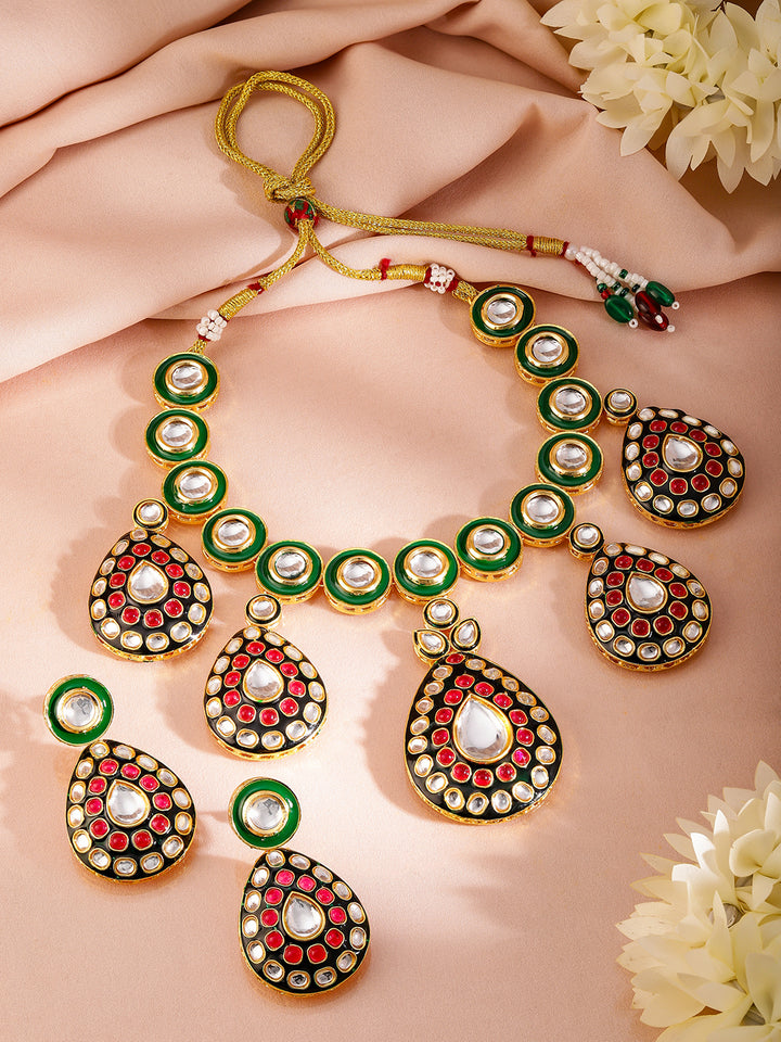 Artistic Red Green Kundan Necklace Set