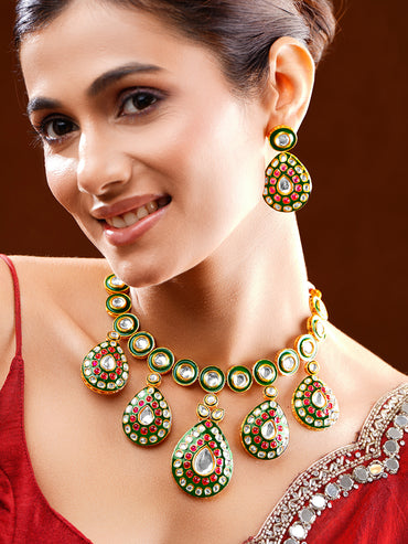 Artistic Red Green Kundan Necklace Set
