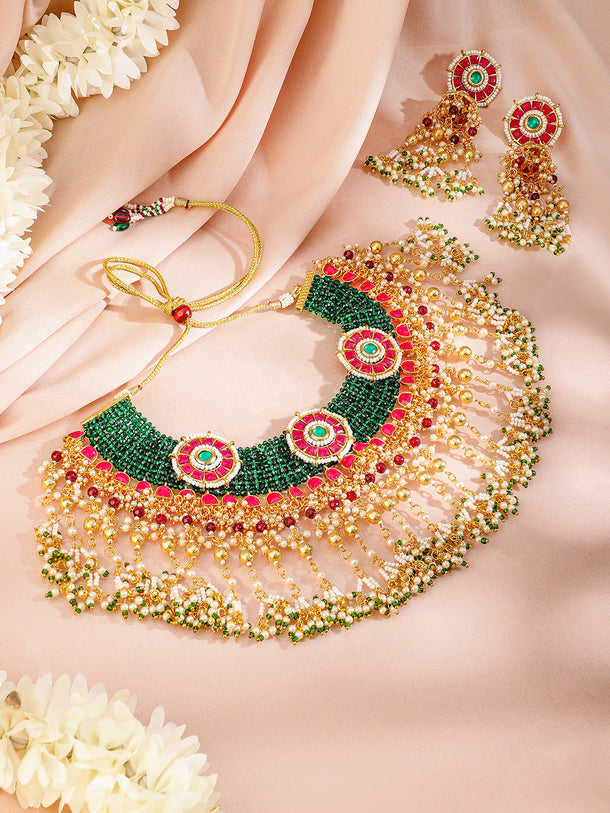 Green Beaded Pink Studded Pearl Necklace Set