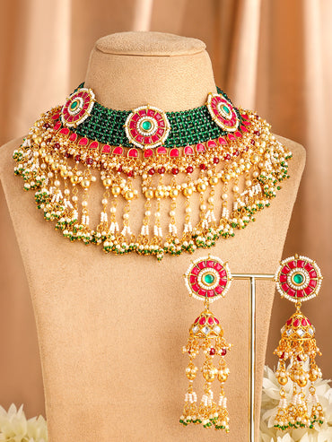 Green Beaded Pink Studded Pearl Necklace Set