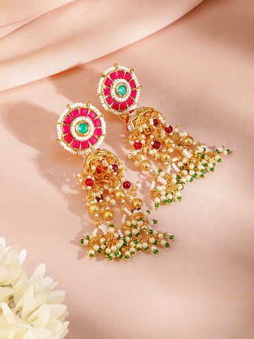 Green Beaded Pink Studded Pearl Necklace Set
