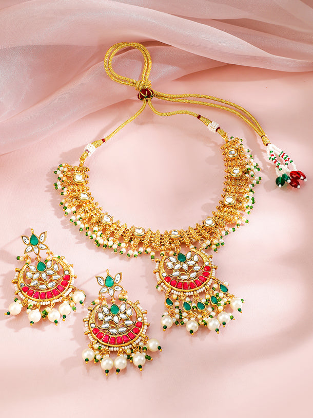 Gold-Plated Pink Green Necklace Set