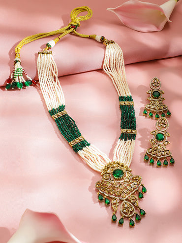 Green & White Kundan Long Gold Necklace Set