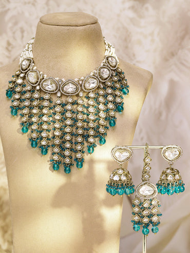 Rubans 22K Gold-Plated White Kundan & Cubic Zirconia Studded Multi-Layer Necklace Set