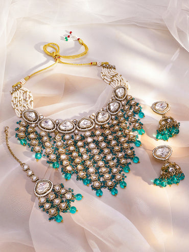Rubans 22K Gold-Plated White Kundan & Cubic Zirconia Studded Multi-Layer Necklace Set