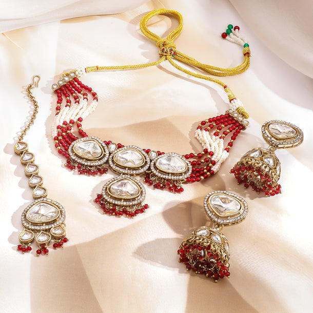 Red & Ivory Romance Kundan Necklace Set