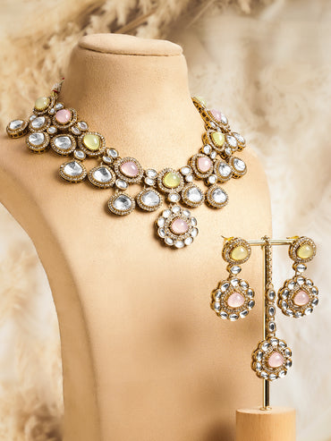 Yellow Pink Harmony Kundan Necklace Set