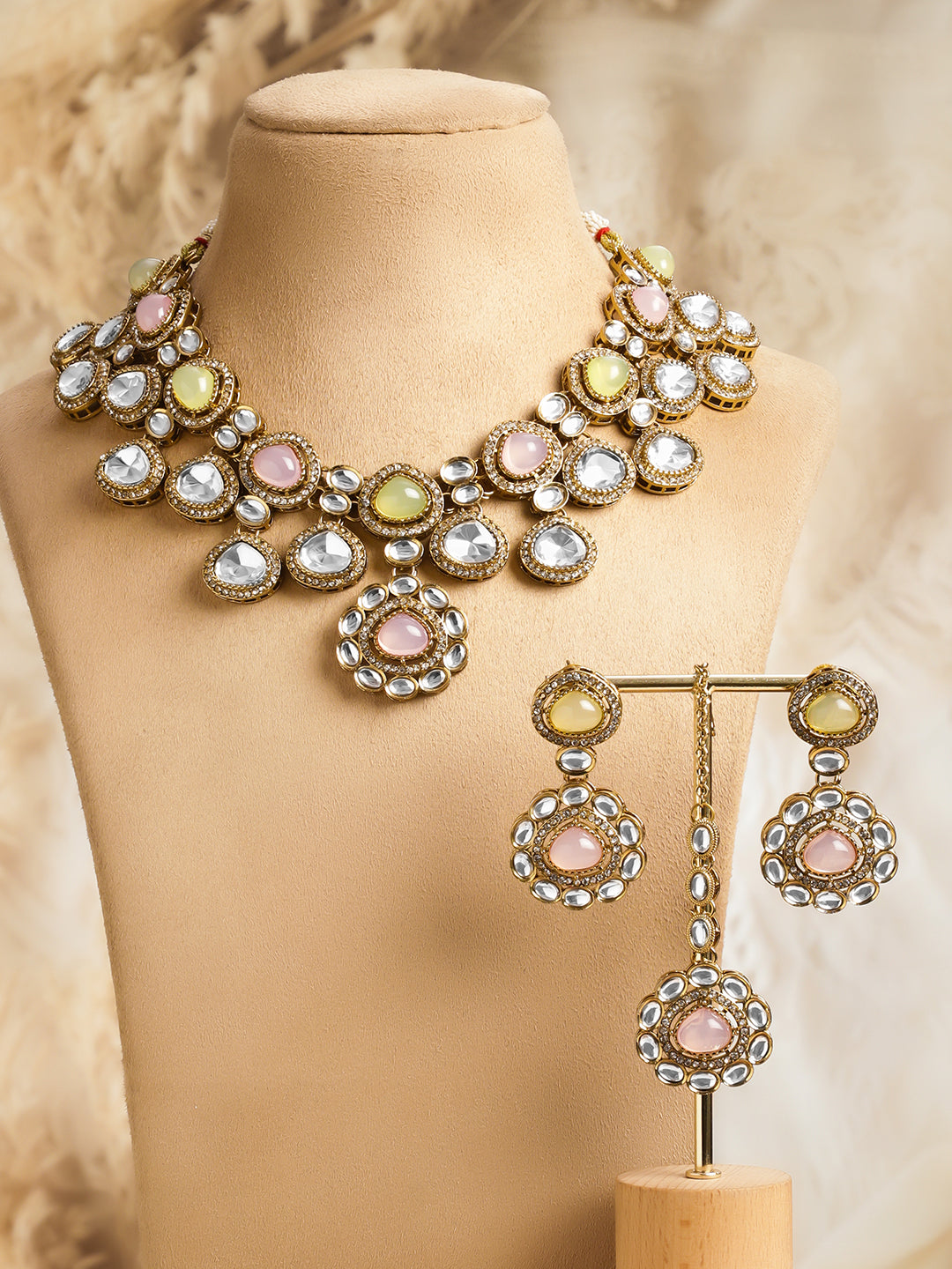 Yellow Pink Harmony Kundan Necklace Set