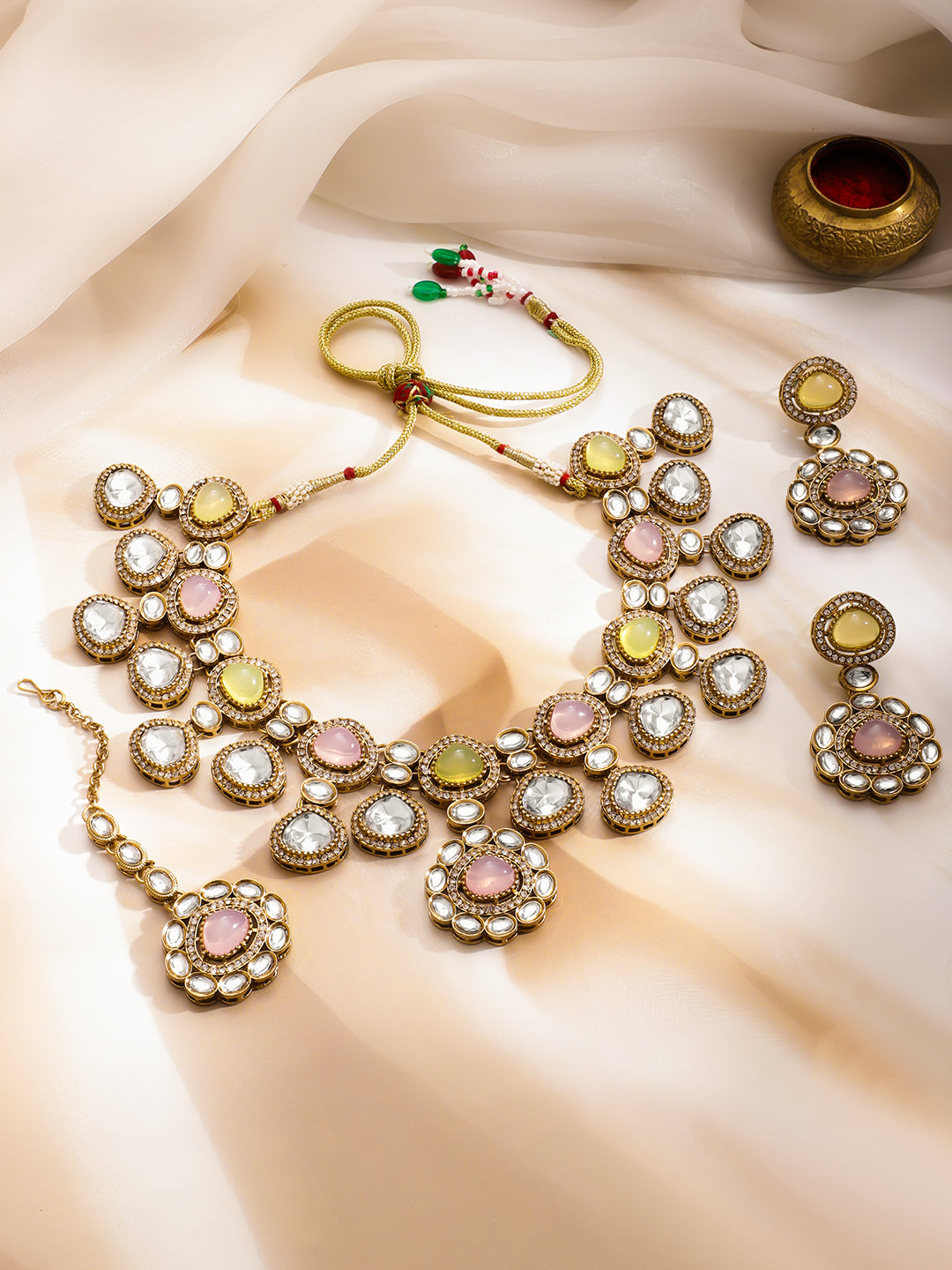 Yellow Pink Harmony Kundan Necklace Set