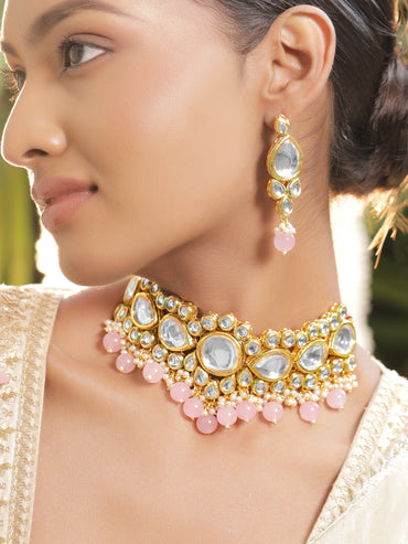 Delicate Pink Edges Kundan Necklace Set