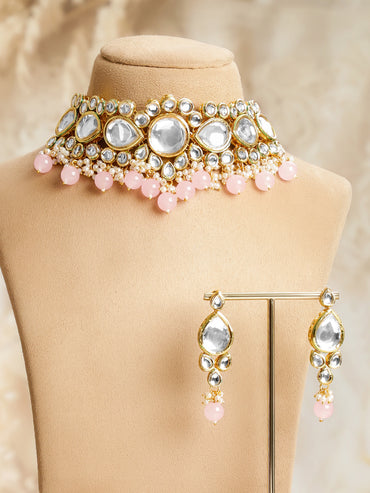 Delicate Pink Edges Kundan Necklace Set