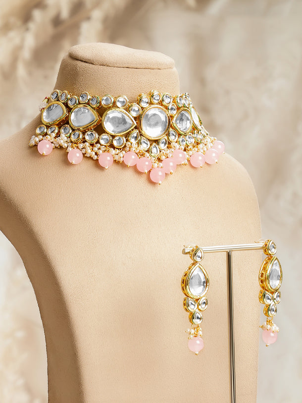 Delicate Pink Edges Kundan Necklace Set