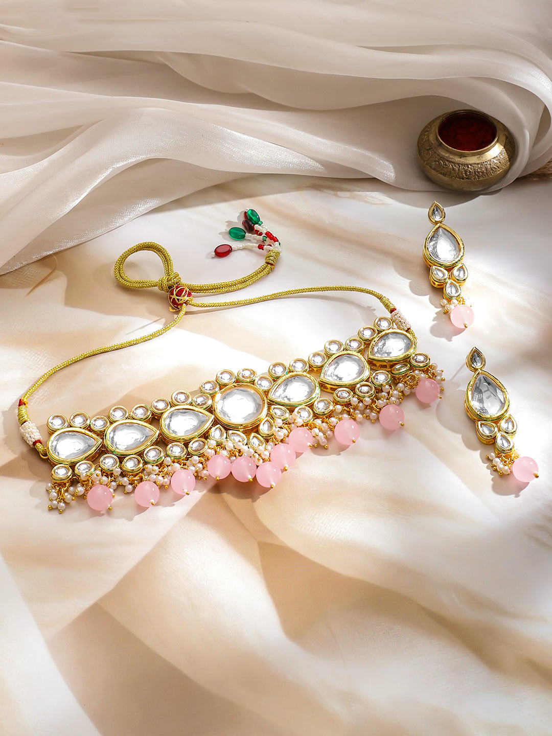 Delicate Pink Edges Kundan Necklace Set