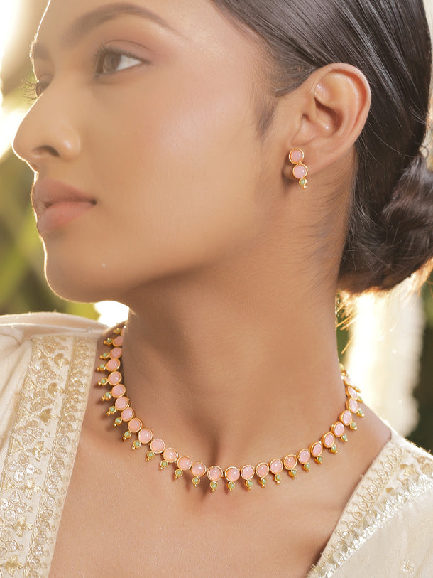 Pink & Green Studded Necklace Set