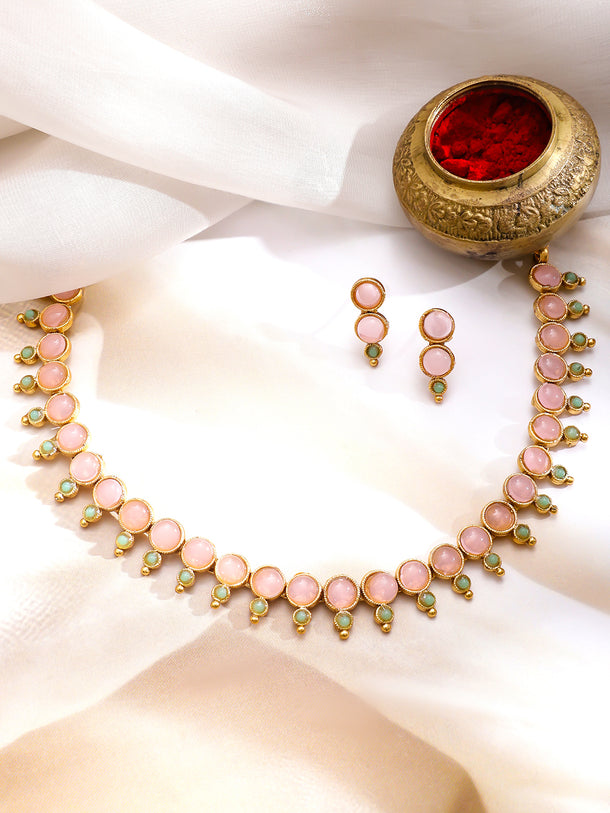 Pink & Green Studded Necklace Set