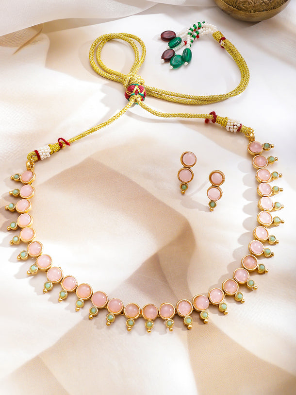 Pink & Green Studded Necklace Set