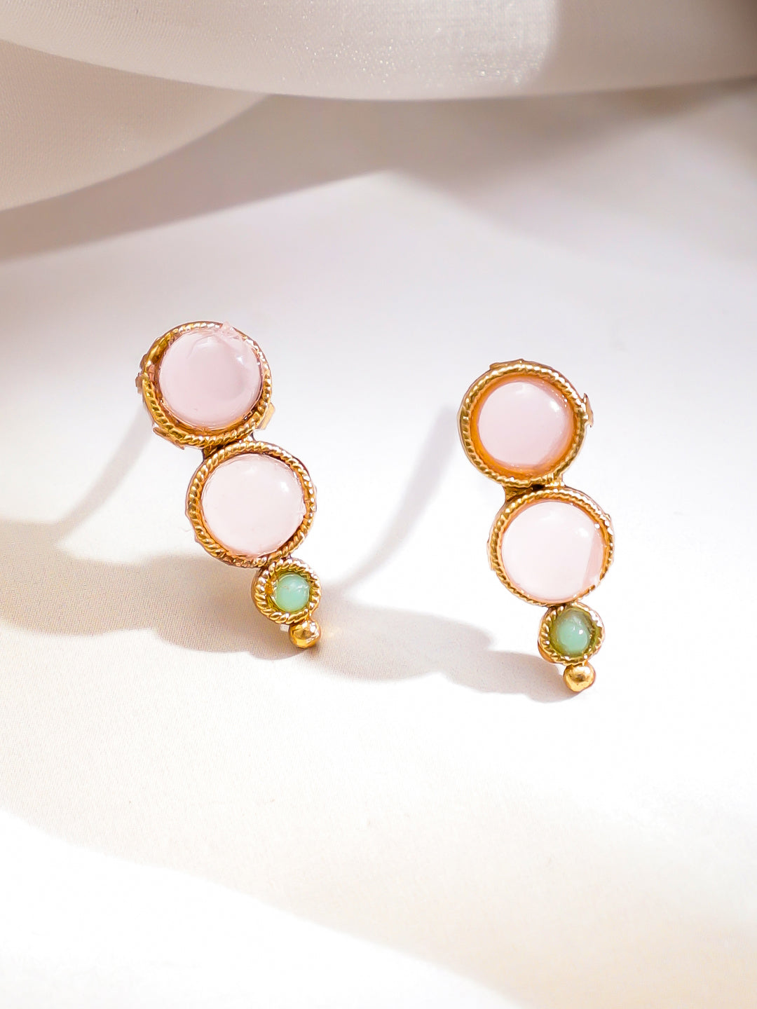 Women 22K Gold-Plated Pastel Pink & Pastel Green Stone Choker Necklace with Earrings