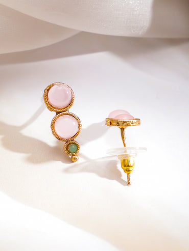 Women 22K Gold-Plated Pastel Pink & Pastel Green Stone Choker Necklace with Earrings
