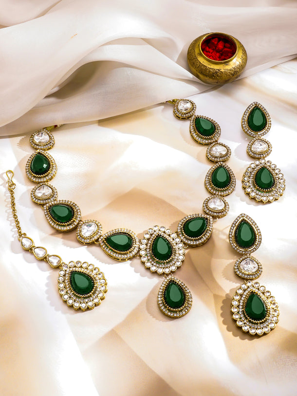 Emerald American Diamond Zirconia Studded Necklace Set