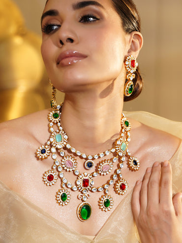 Gold Plated Kundan Layered Victorian Necklace Set