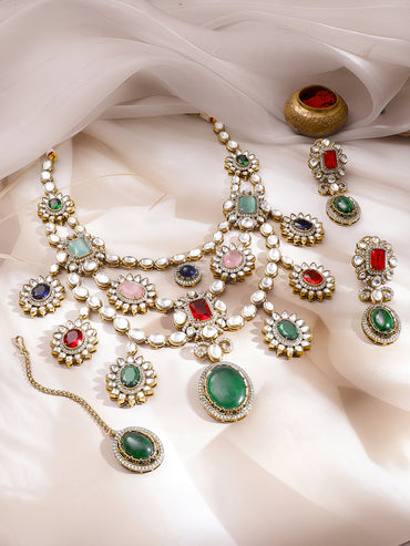 Gold Plated Kundan Layered Victorian Necklace Set