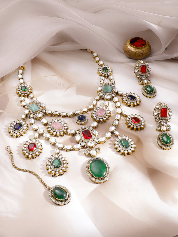 Gold Plated Kundan Layered Victorian Necklace Set