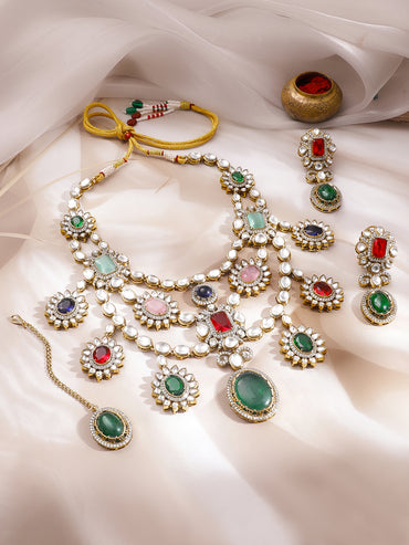 Gold Plated Kundan Layered Victorian Necklace Set
