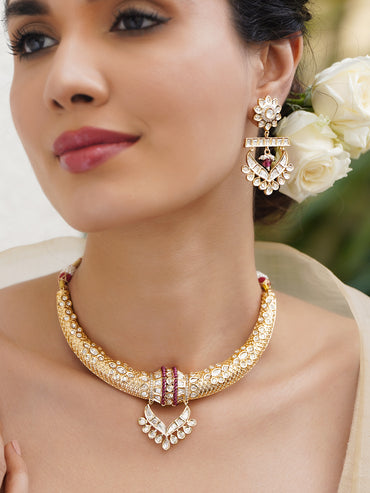 Gold Toned White Studded Necklace Set