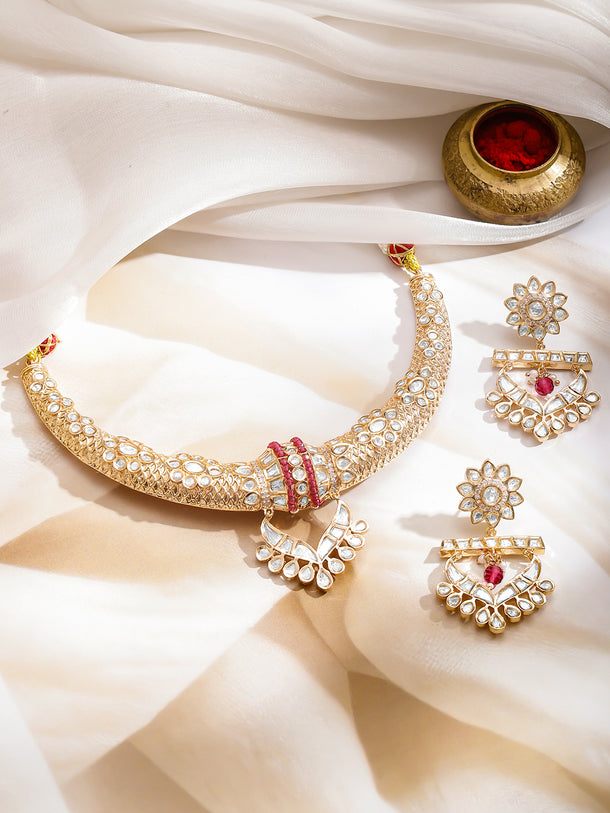 Gold Toned White Studded Necklace Set