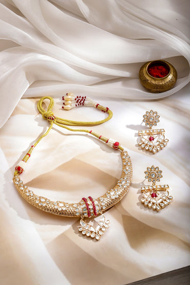 Gold Toned White Studded Necklace Set